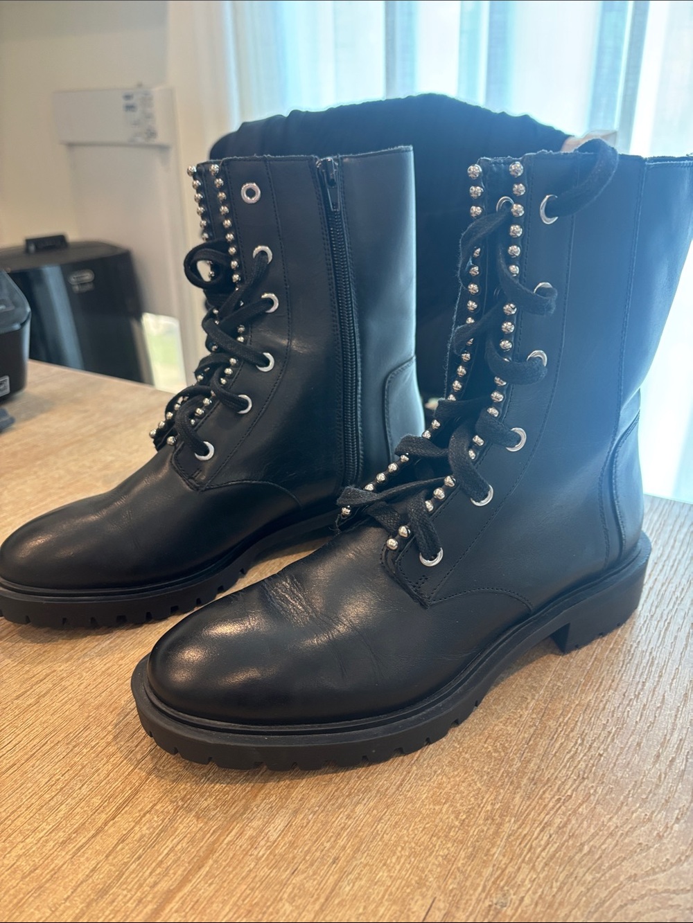 Zara- Black Studded Lace-Up Combat Boots “size 7.5” NEW